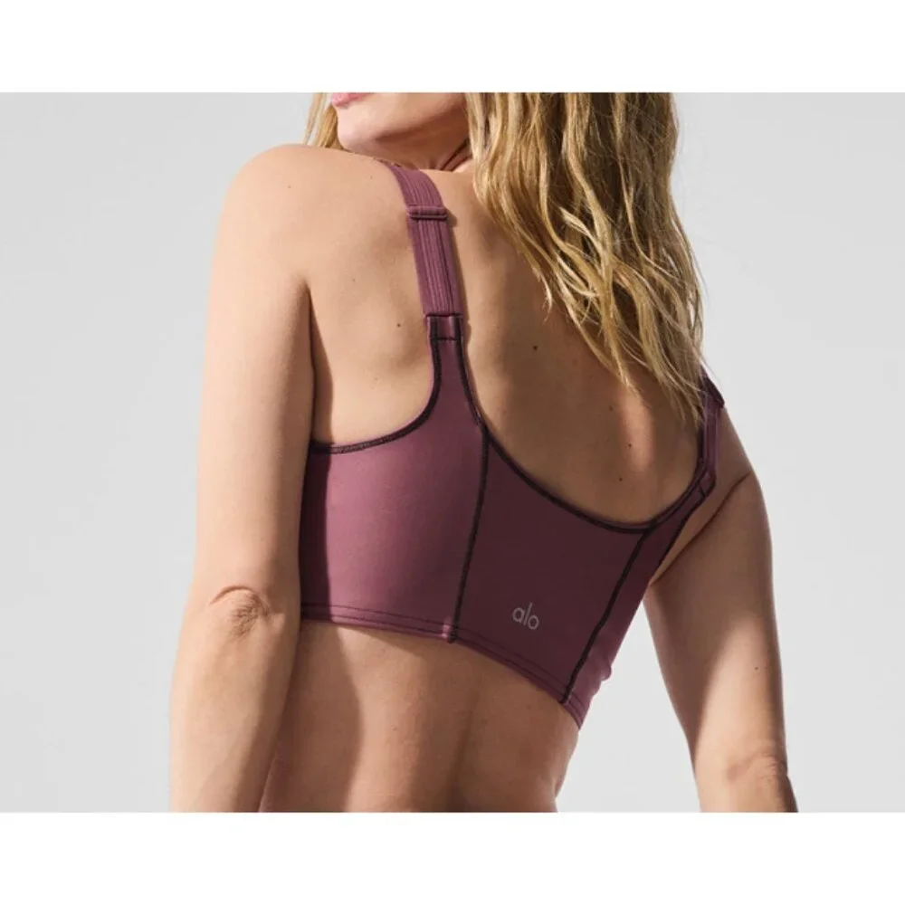 Alo Airlift Redefine Bra Burgundy Truffle Black Padded Sports Bralette Crop Top